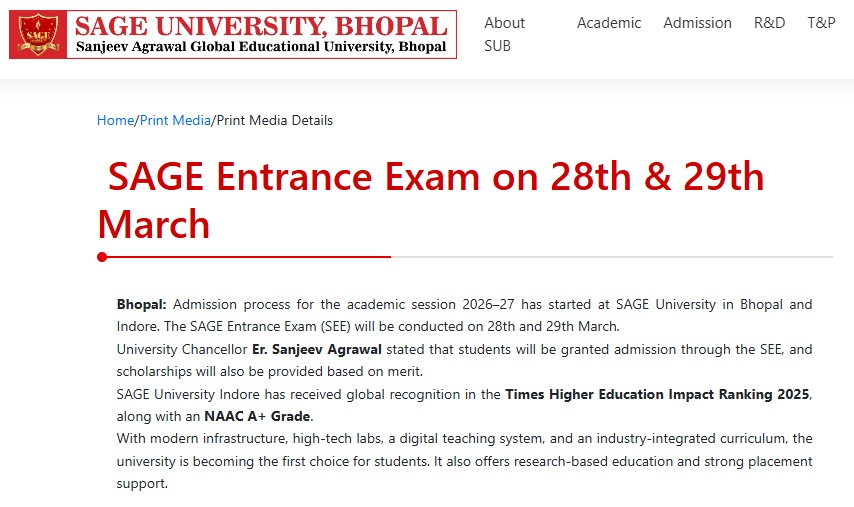 SAGE Entrance Exam on 28th & 29th March